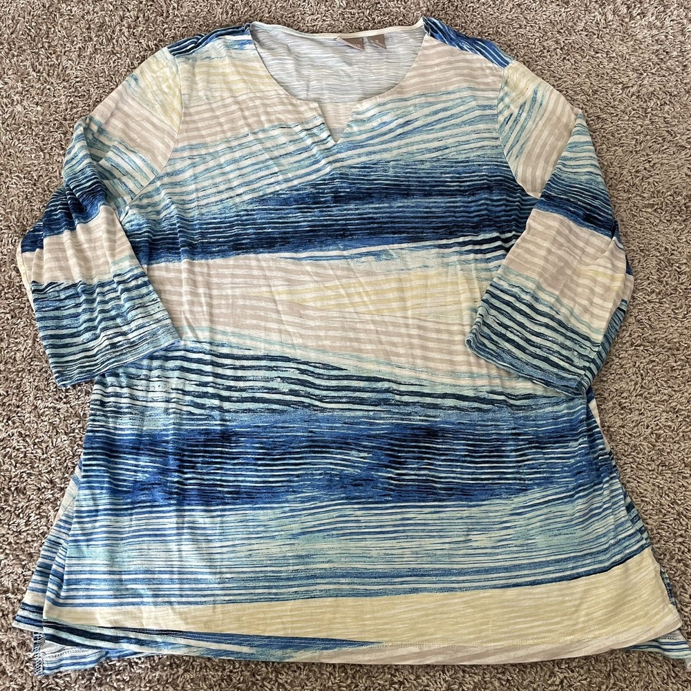 Chicos Womens Shirt 3 (XL) Blue|Tan Stripes 3/4 Sleeve V Neck Regular Fit